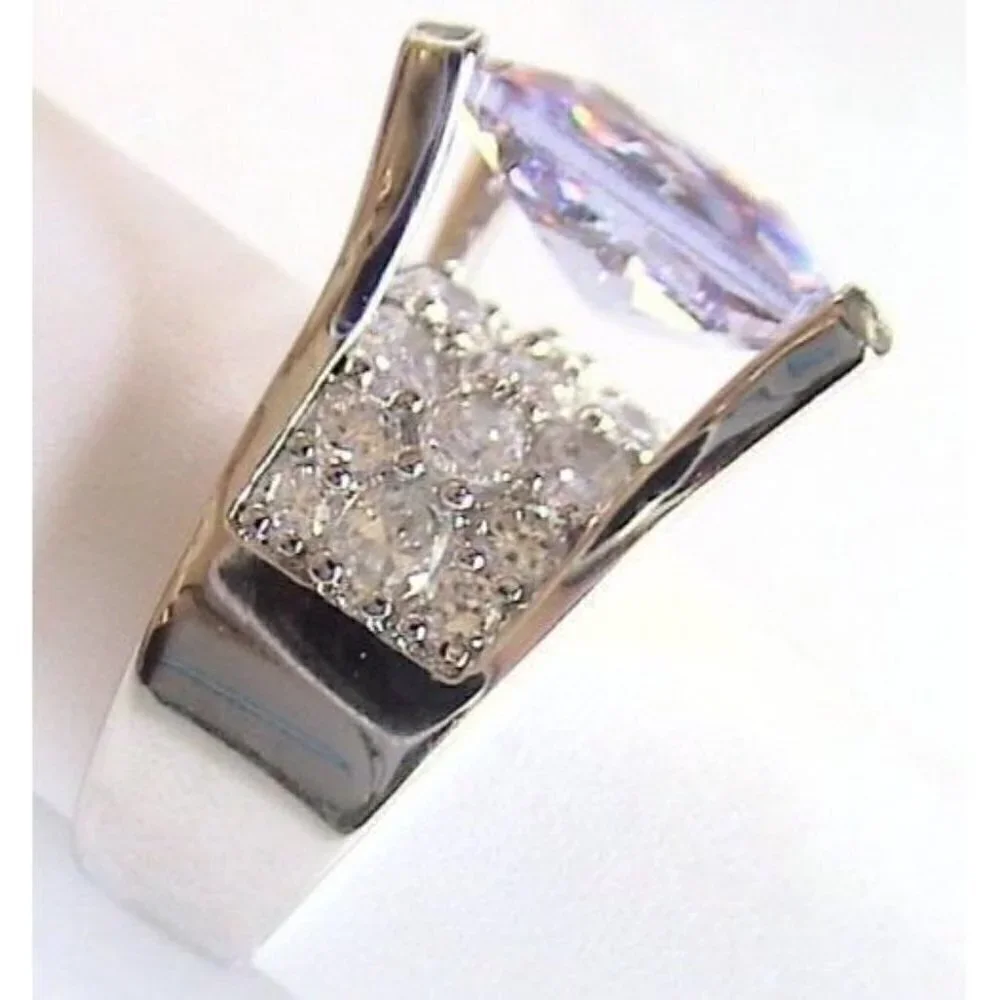 Light Purple Amethyst Lavender Cz Chunky Cocktail Rectangle Prom Ring Size 8